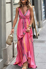 Pink Western Printed Tassel Tie V Neck Wrap Maxi Dress-7