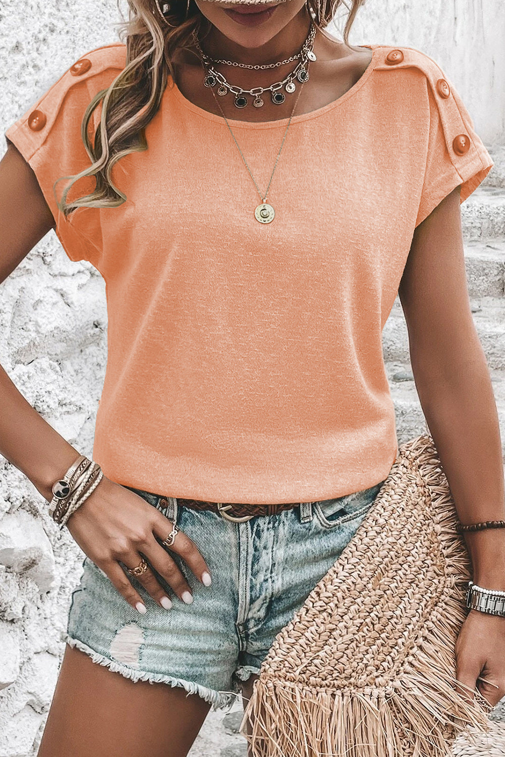 Apricot Pink Button Detail Batwing Sleeve Casual Tee-2