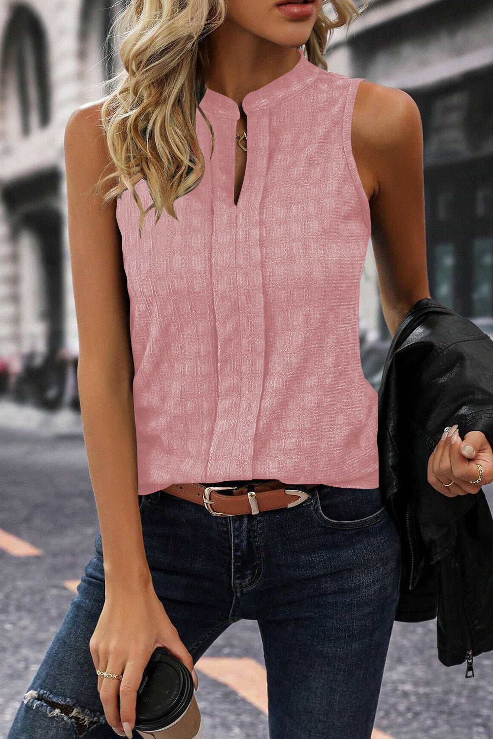 Pink Lattice Textured Split Neck Tank Top-3