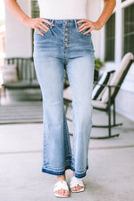 Sky Blue High Waist Buttoned Distressed Flared Jeans-0