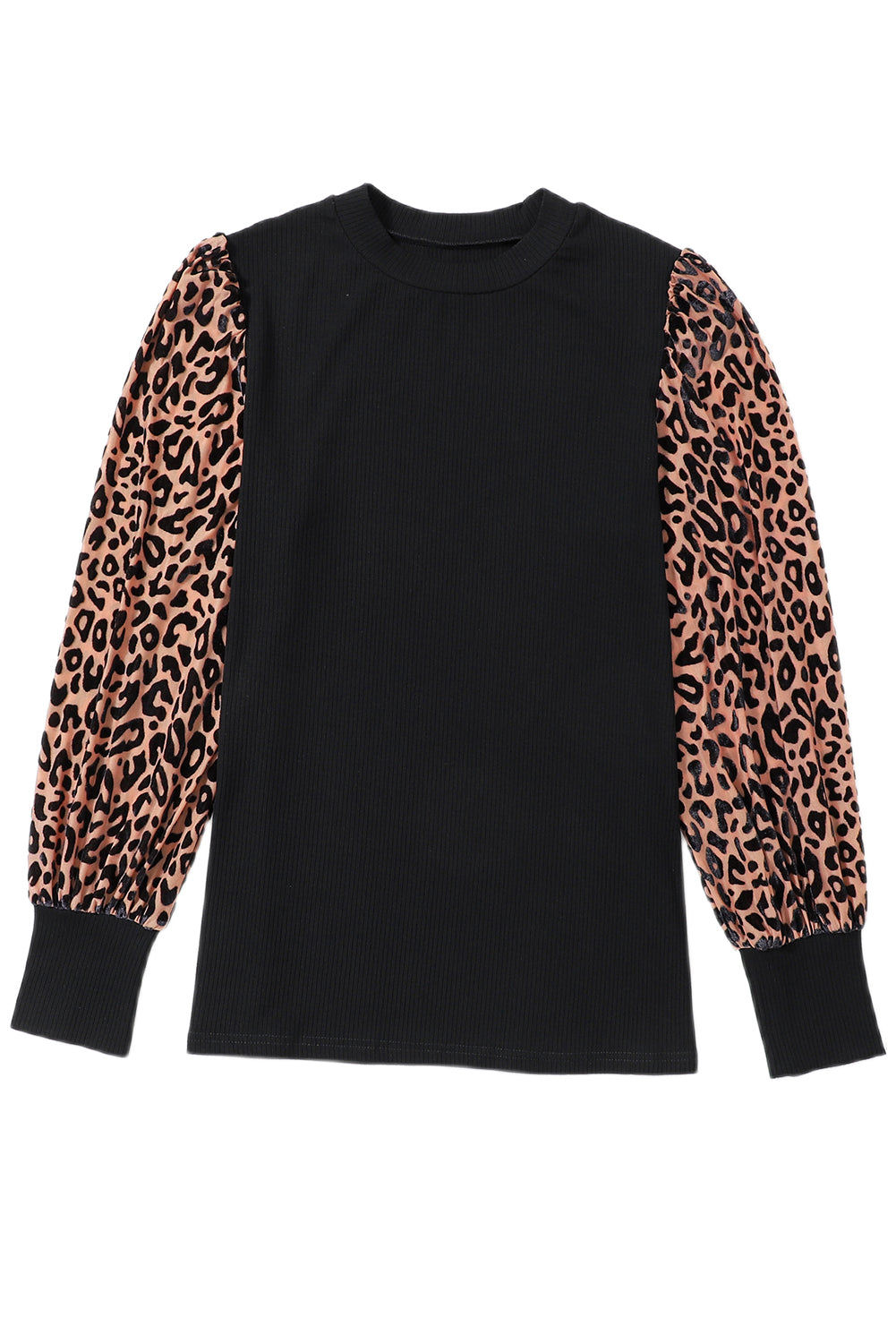 Black Leopard Print Long Sleeve Ribbed Knit Blouse-26