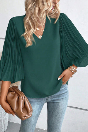 Blackish Green 3/4 Pleated Bell Sleeve V Neck Blouse-4