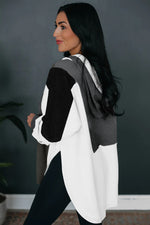 Black Color Block Exposed Seam Buttoned Neckline Hoodie-2