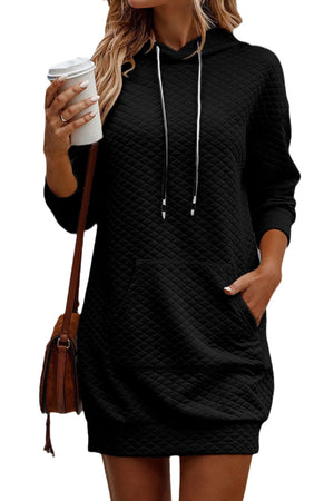 Black Drawstring Kangaroo Pocket Quilted Hooded Dress-3