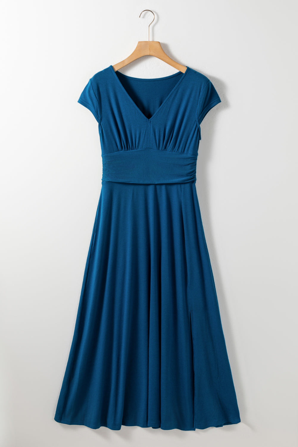 Peacock Blue Short Sleeve Shirred High Waist V Neck Maxi Dress-2