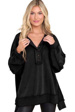 Black Oversized Exposed Seam Henley Sweatshirt-16