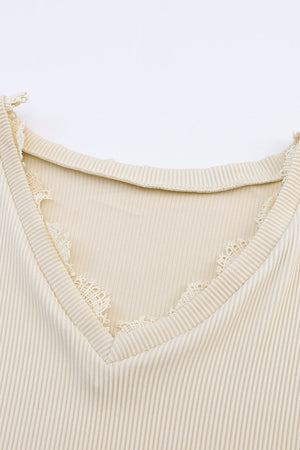 Apricot Ribbed Texture Lace Trim V Neck Long Sleeve Top-12