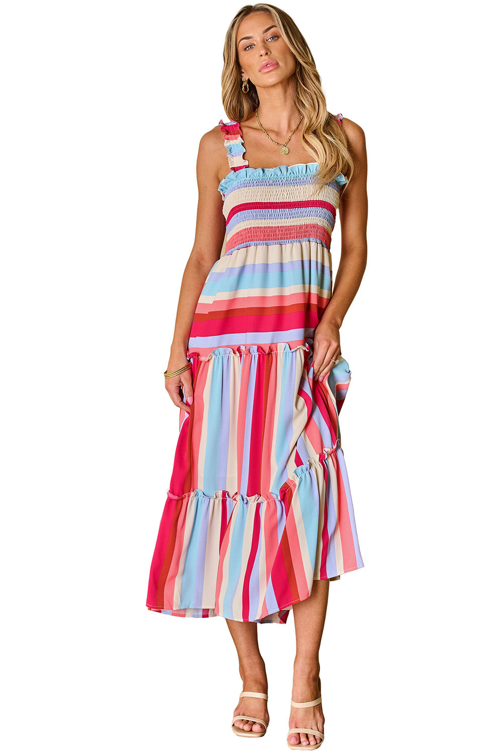 Red Stripe Ruffled Straps Smocked Tiered Long Dress-19