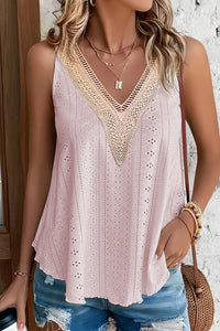Apricot Pink Lace Crochet Splicing V Neck Loose Fit Tank Top-0