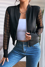 Black Latticed Mesh Sleeve Zip Up Bomber Jacket-0