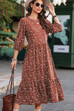 Chestnut Floral Print 3/4 Sleeve Ruffle Hem Midi Dress-5