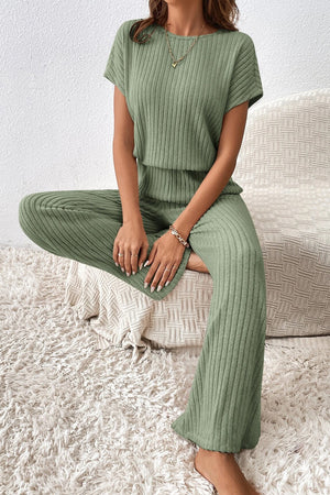 Grass Green Solid Color Ribbed Short Sleeve Wide Leg Jumpsuit-3