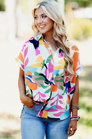 Multicolour Abstract Leafy Print Short Sleeve Shirt-3