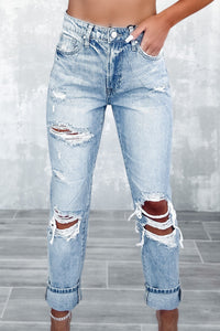 Sky Blue Light Wash Frayed Slim Fit High Waist Jeans-0