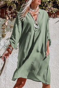 Green Roll-tab Sleeve Flowy Casual Dress-0