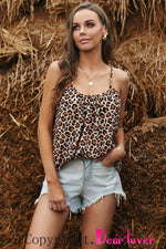 Khaki Leopard Print Spaghetti Strap Pleated Flowing Tank Top-7