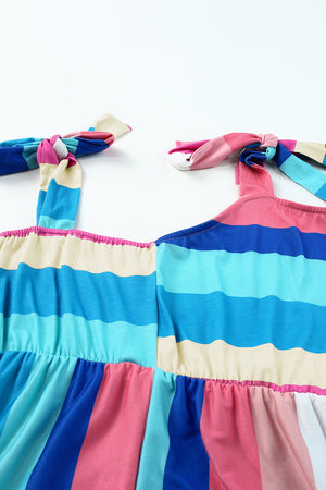 Multicolor Color Block Striped Bow Knot Straps Maxi Dress-10