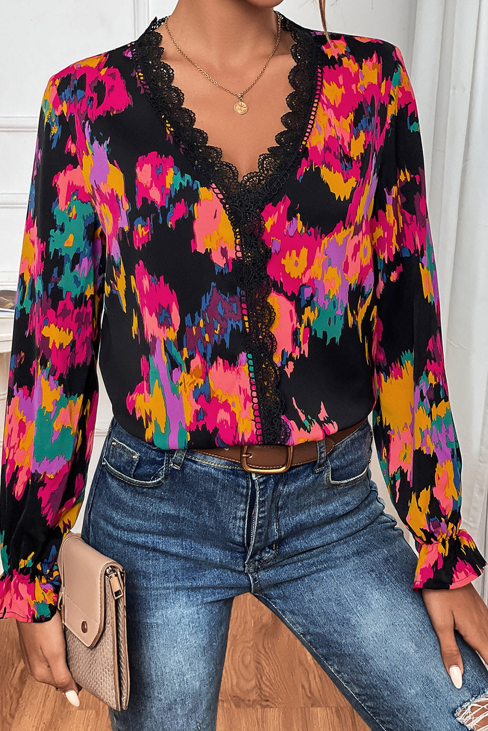 Black Abstract Printed Flounce Sleeve Lace V-Neck Blouse-0