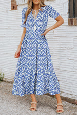 Sky Blue V Neck Casual Geometric Print Maxi Dress-1