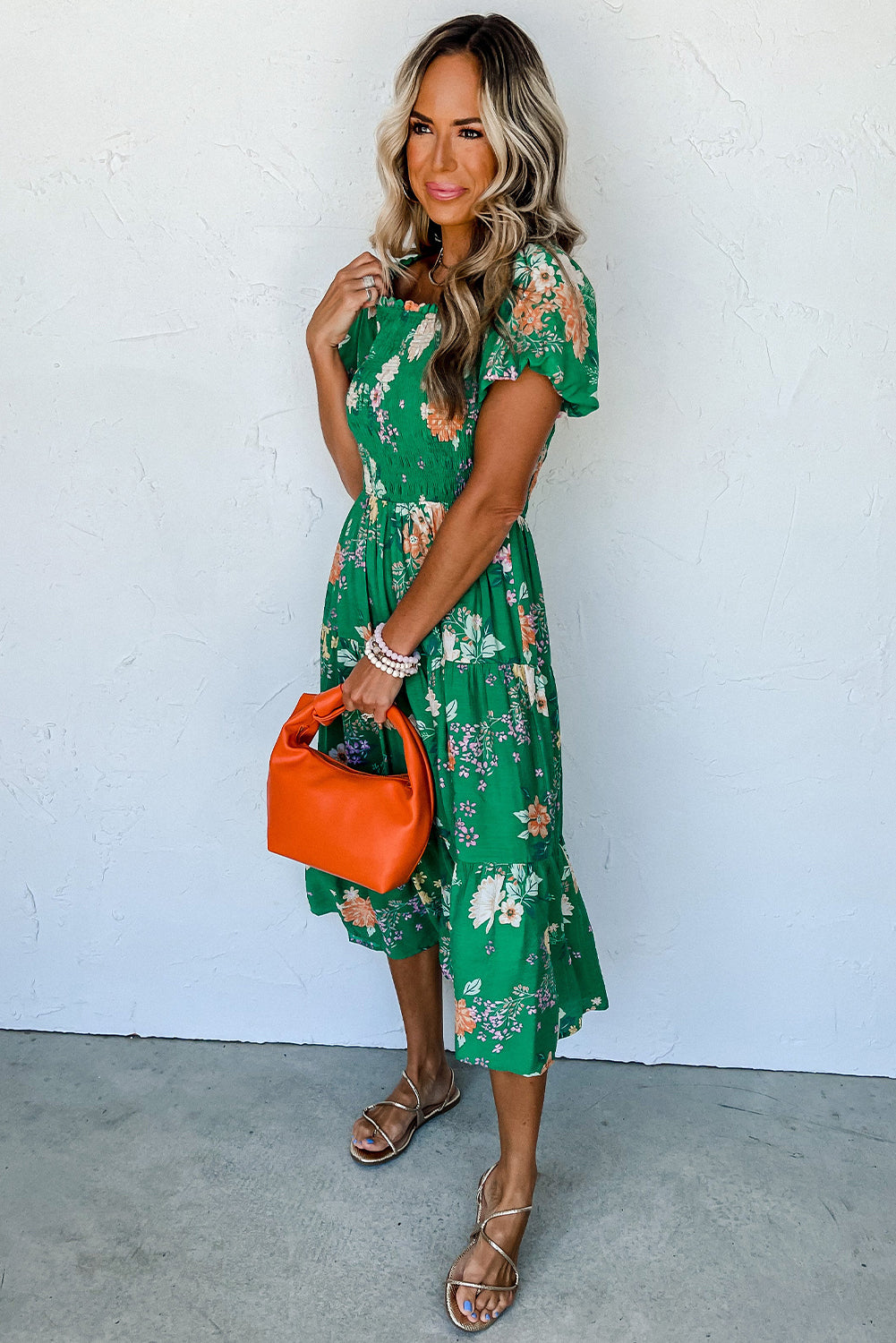 Green Floral Print Bubble Sleeve Smocked Tiered Midi Dress-2