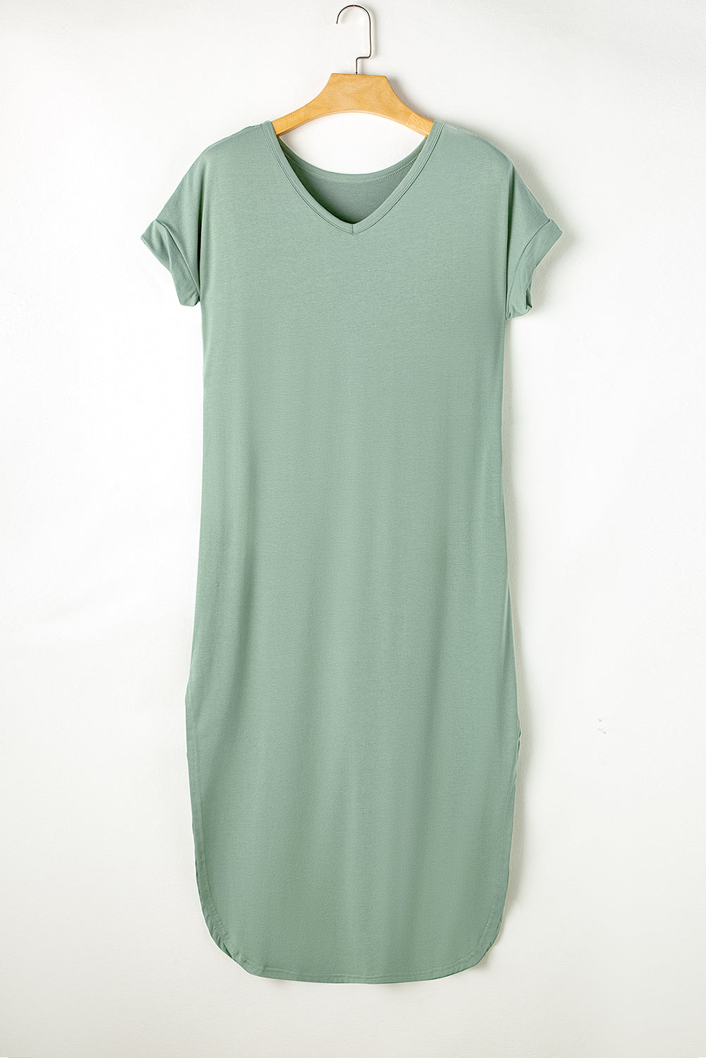 Grass Green V Neck Hidden Pocket Splits Maxi T-shirt Dress-11