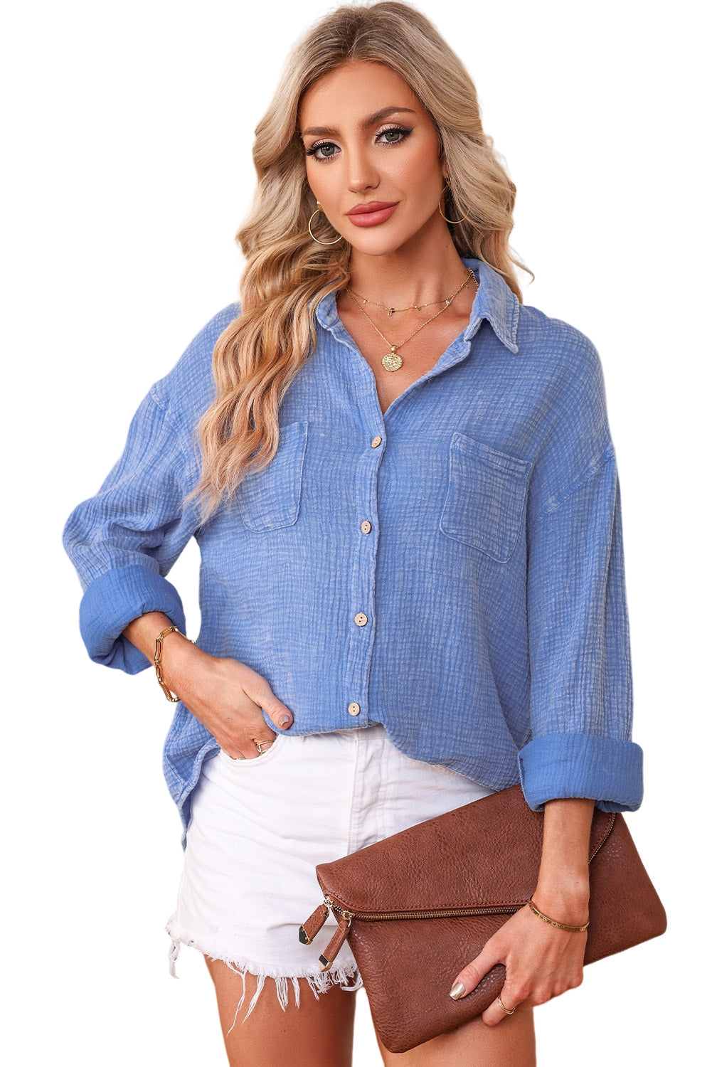 Sky Blue Mineral Wash Crinkle Textured Chest Pockets Shirt-19