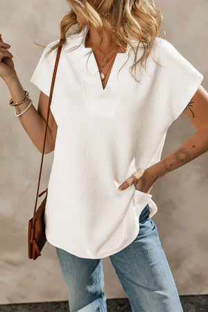White Textured V Neck Collared Short Sleeve Top-4
