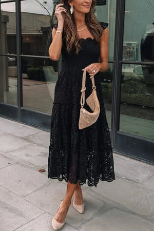 Black Lace Smocked Bodice Sleeveless Midi Dress-0