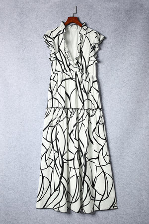 White Abstract Vein Print V Neck Ruffle Maxi Dress-10