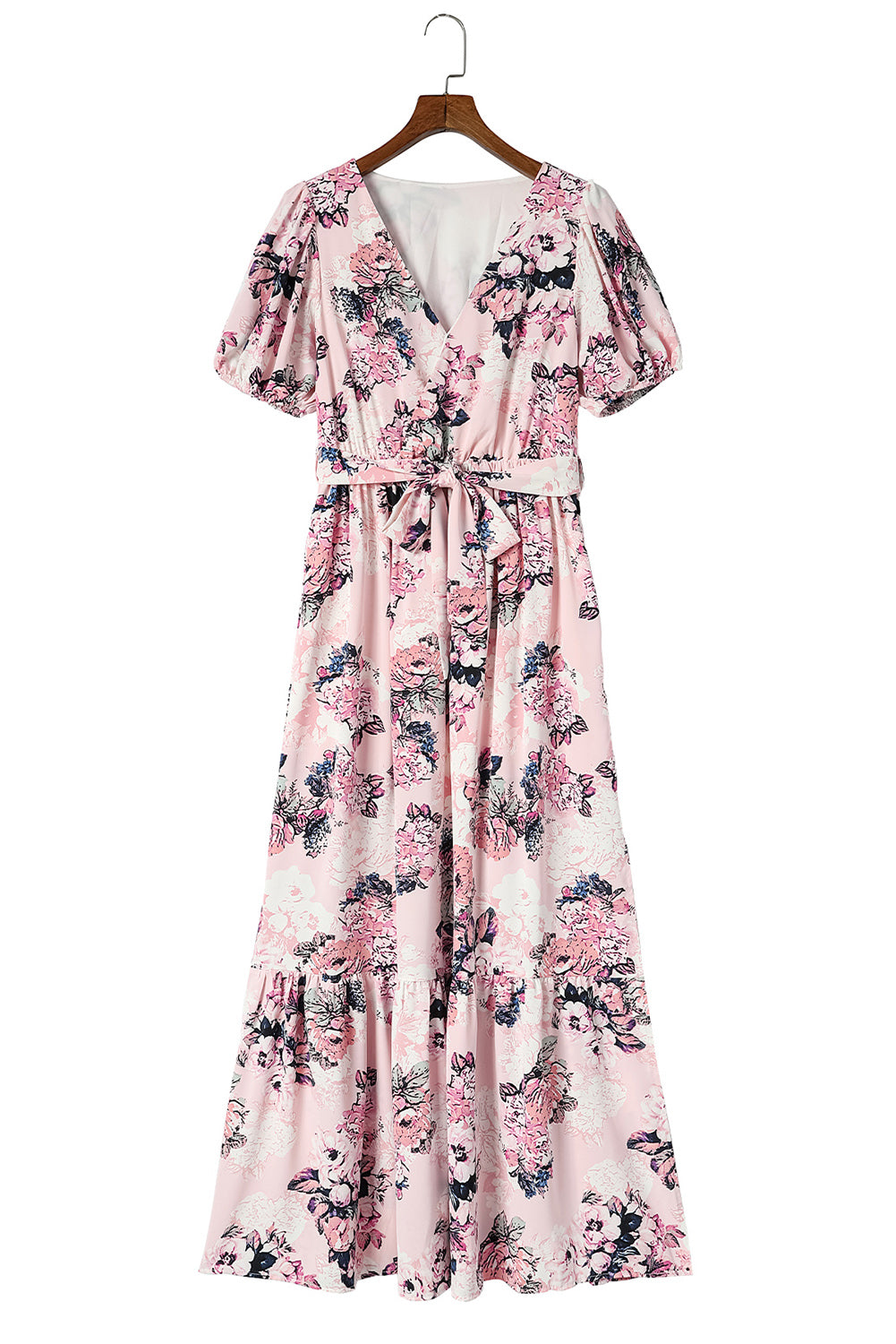 Pink Floral Puff Sleeve High Waist Maxi Dress-16