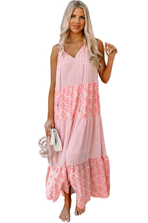 Pink Abstract Print Split Neck Sleeveless Maxi Dress-22