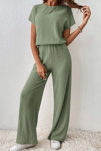 Grass Green Solid Color Ribbed Short Sleeve Wide Leg Jumpsuit-0