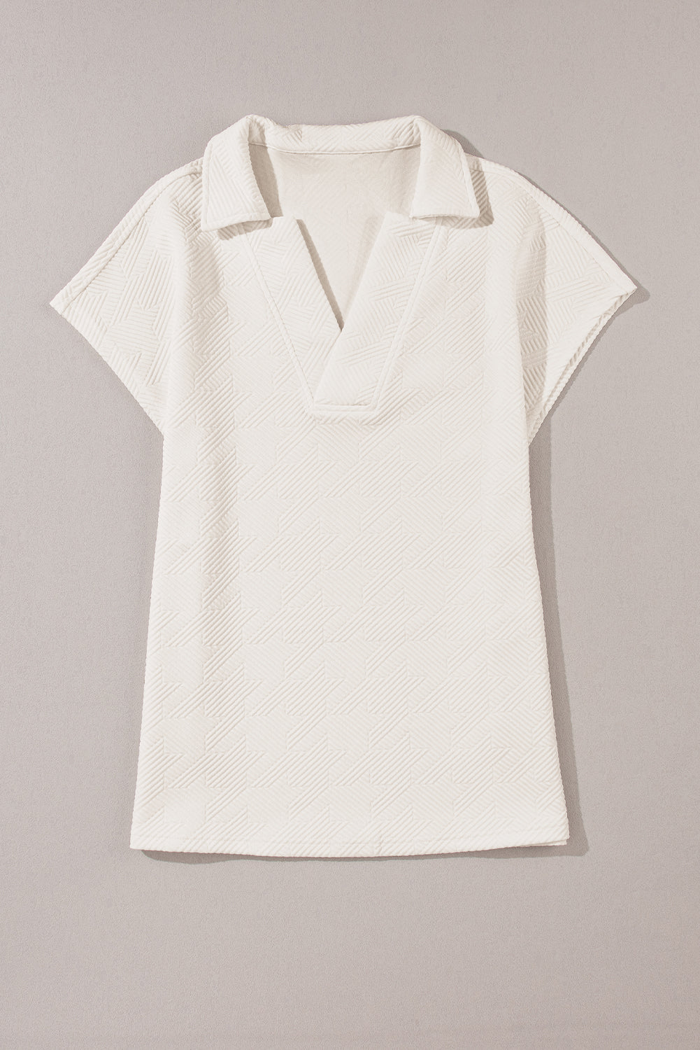 White Textured V Neck Collared Short Sleeve Top-6
