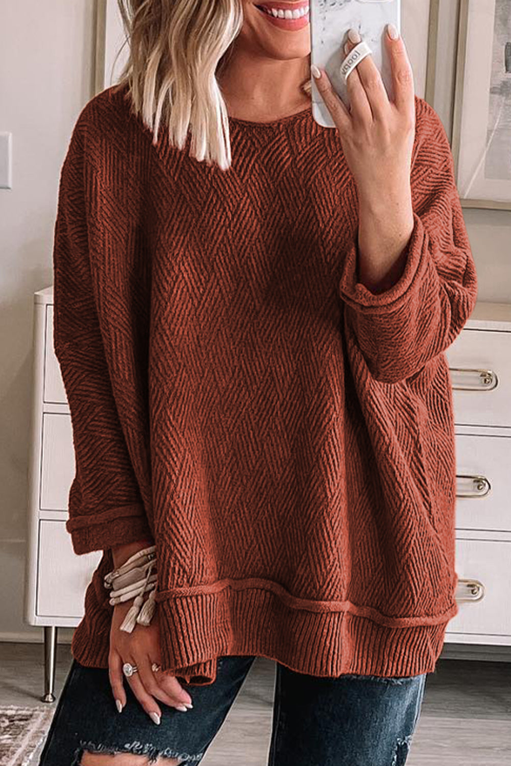 Gold Flame Solid Color Textured Crew Neck Loose Sweater-0