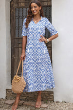 Sky Blue V Neck Casual Geometric Print Maxi Dress-3