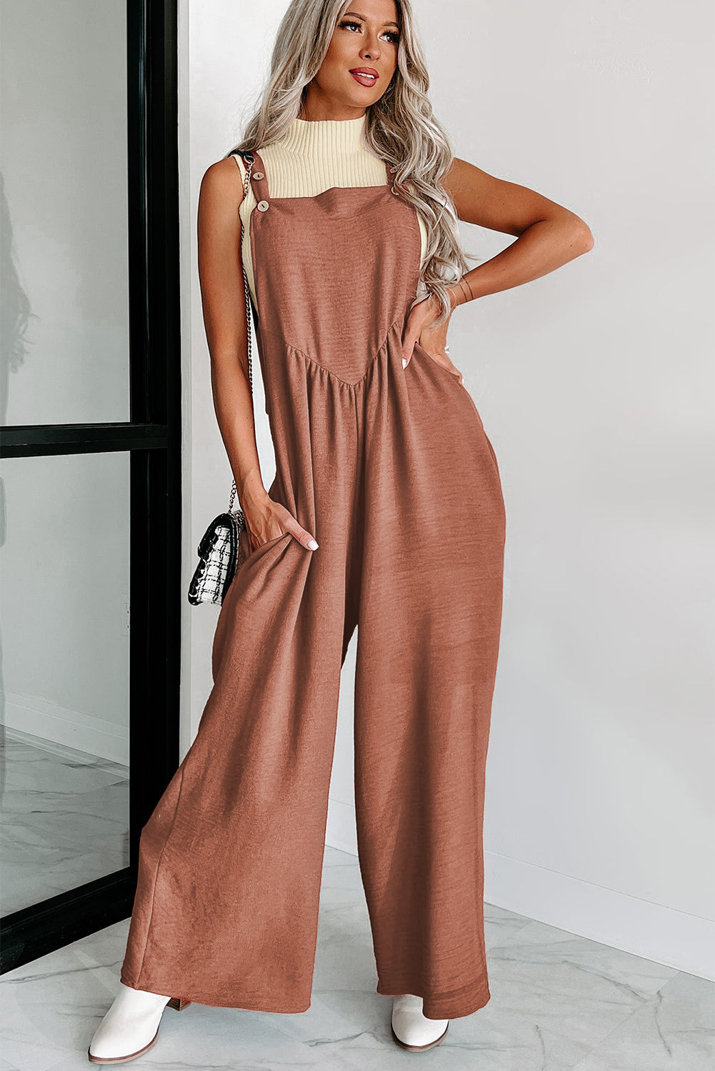 Gold Flame Textured Buttoned Straps Ruched Wide Leg Jumpsuit-9