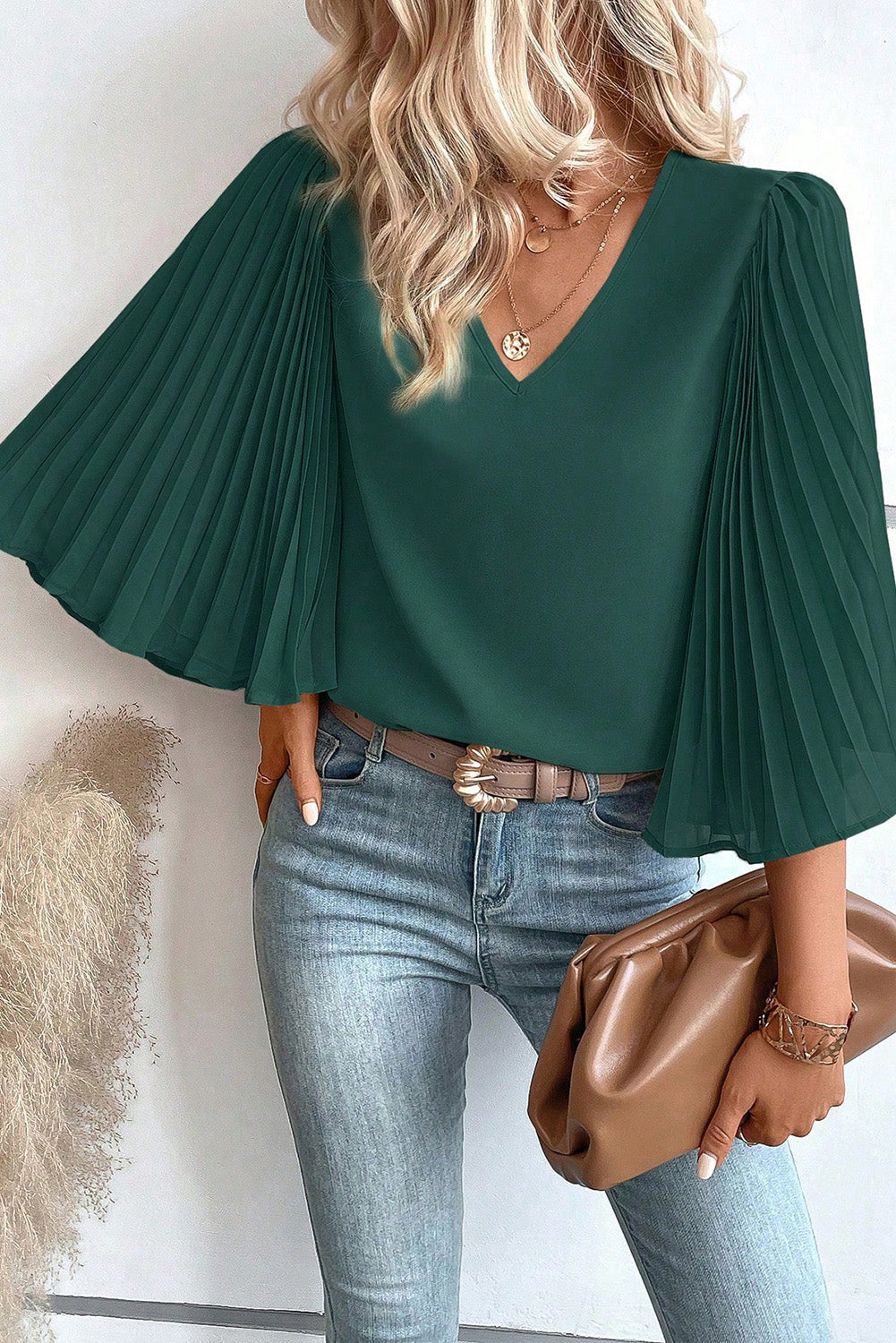 Blackish Green 3/4 Pleated Bell Sleeve V Neck Blouse-0