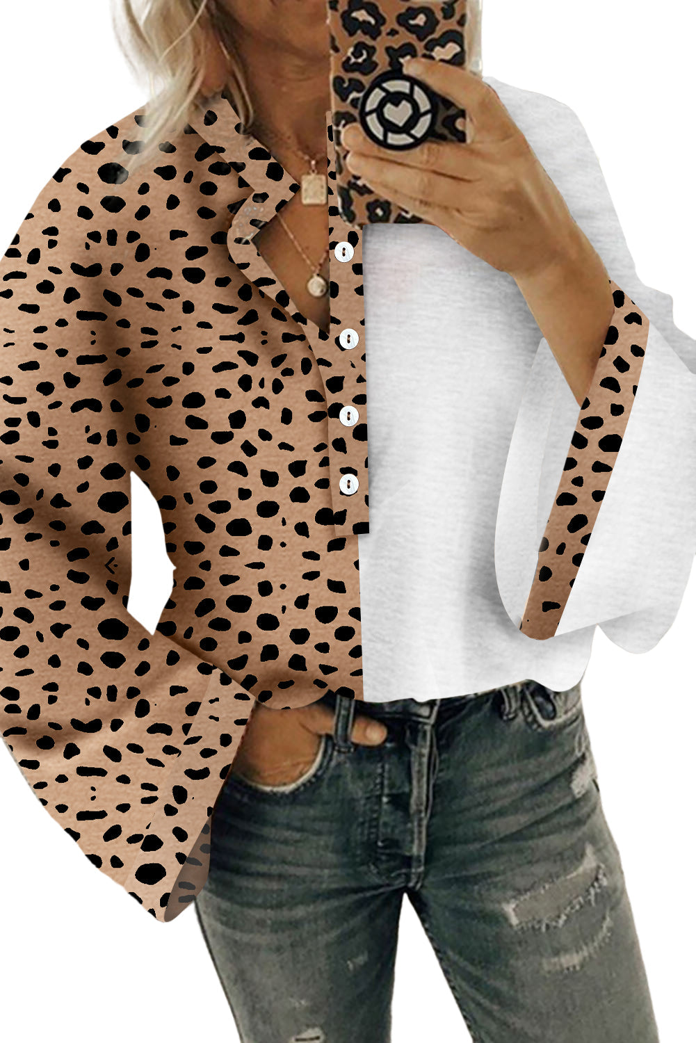 Khaki Leopard Contrast Half Button Casual Blouse-1