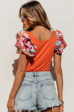 Orange Ribbed Knit Tiered Ruffled Sleeve Bodysuit-6