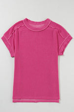 Rose Red Textured Knit Exposed Stitching T-shirt-12