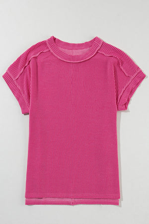 Rose Red Textured Knit Exposed Stitching T-shirt-12