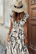 White Abstract Vein Print V Neck Ruffle Maxi Dress-2