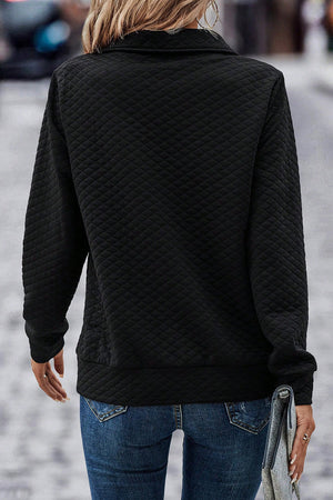 Black Solid Half Zipper Quilted Pullover Sweatshirt-1