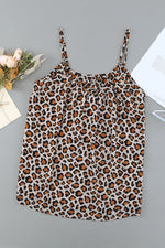 Khaki Leopard Print Spaghetti Strap Pleated Flowing Tank Top-12