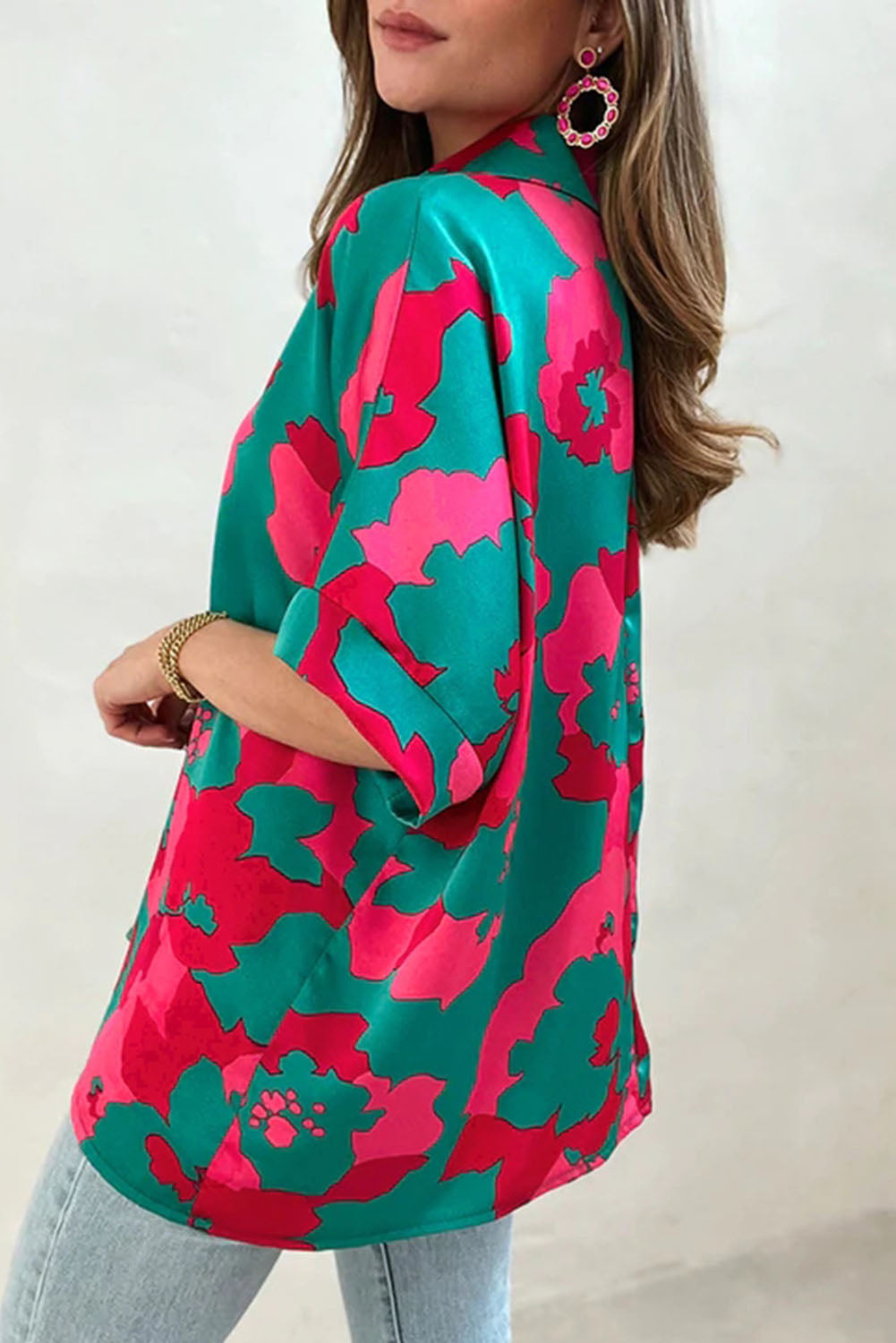 Green Abstract Print V Neck Blouse-1