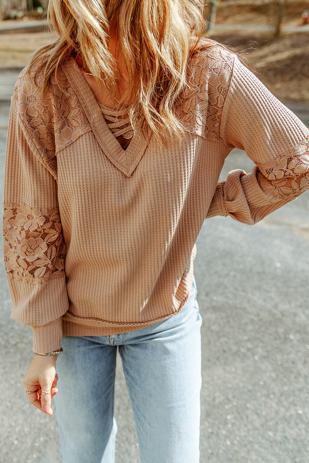 Apricot Lace Waffle Patchwork Strappy V Neck Long Sleeve Top-0