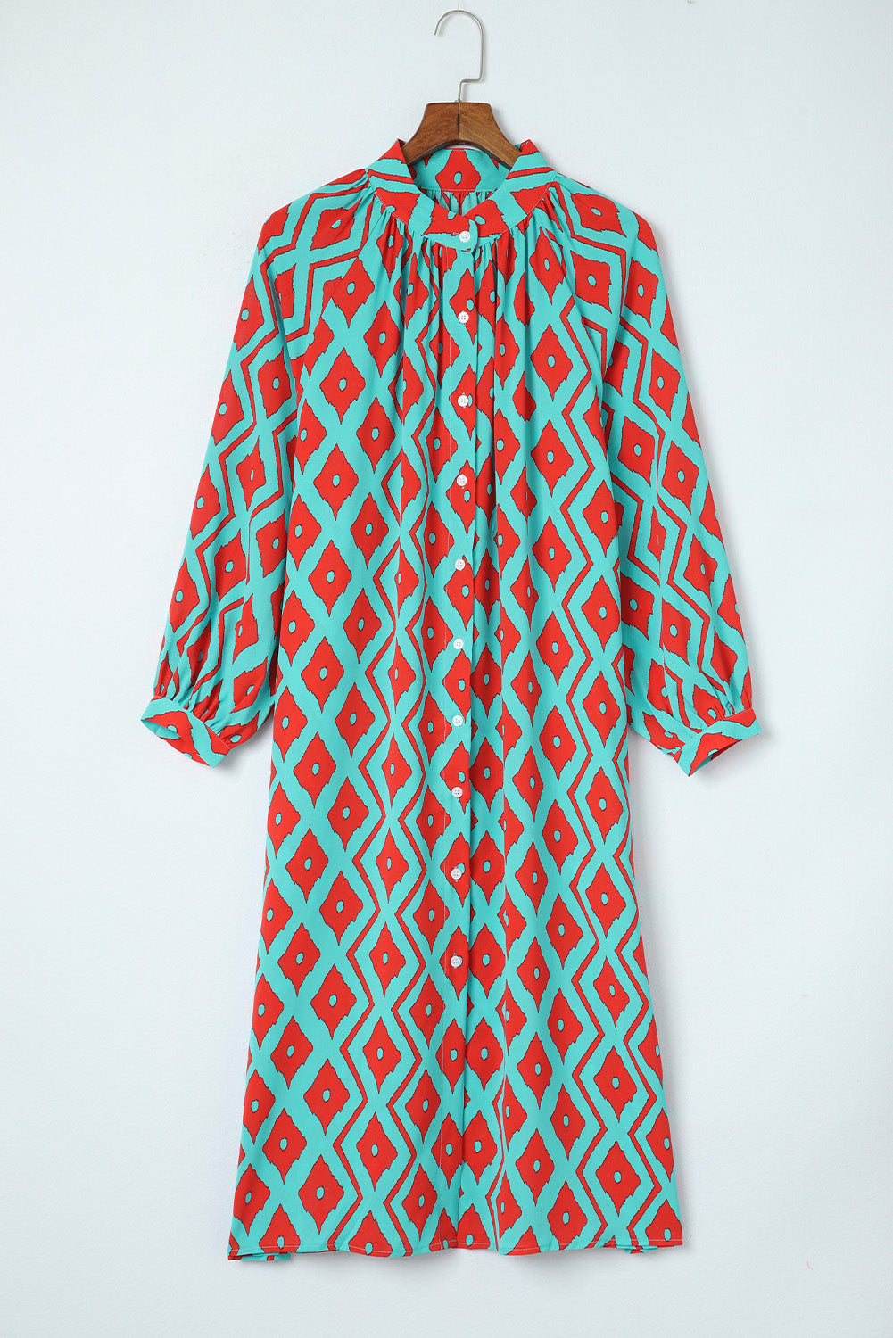 Sky Blue Western Geometric Print Split Buttoned Shirt Dress-6