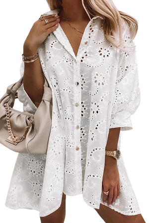 White Eyelet Floral Pattern Shirt Babydoll Dress-4