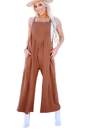 Gold Flame Textured Buttoned Straps Ruched Wide Leg Jumpsuit-11