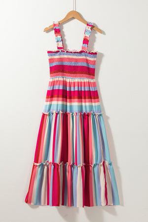 Red Stripe Ruffled Straps Smocked Tiered Long Dress-11